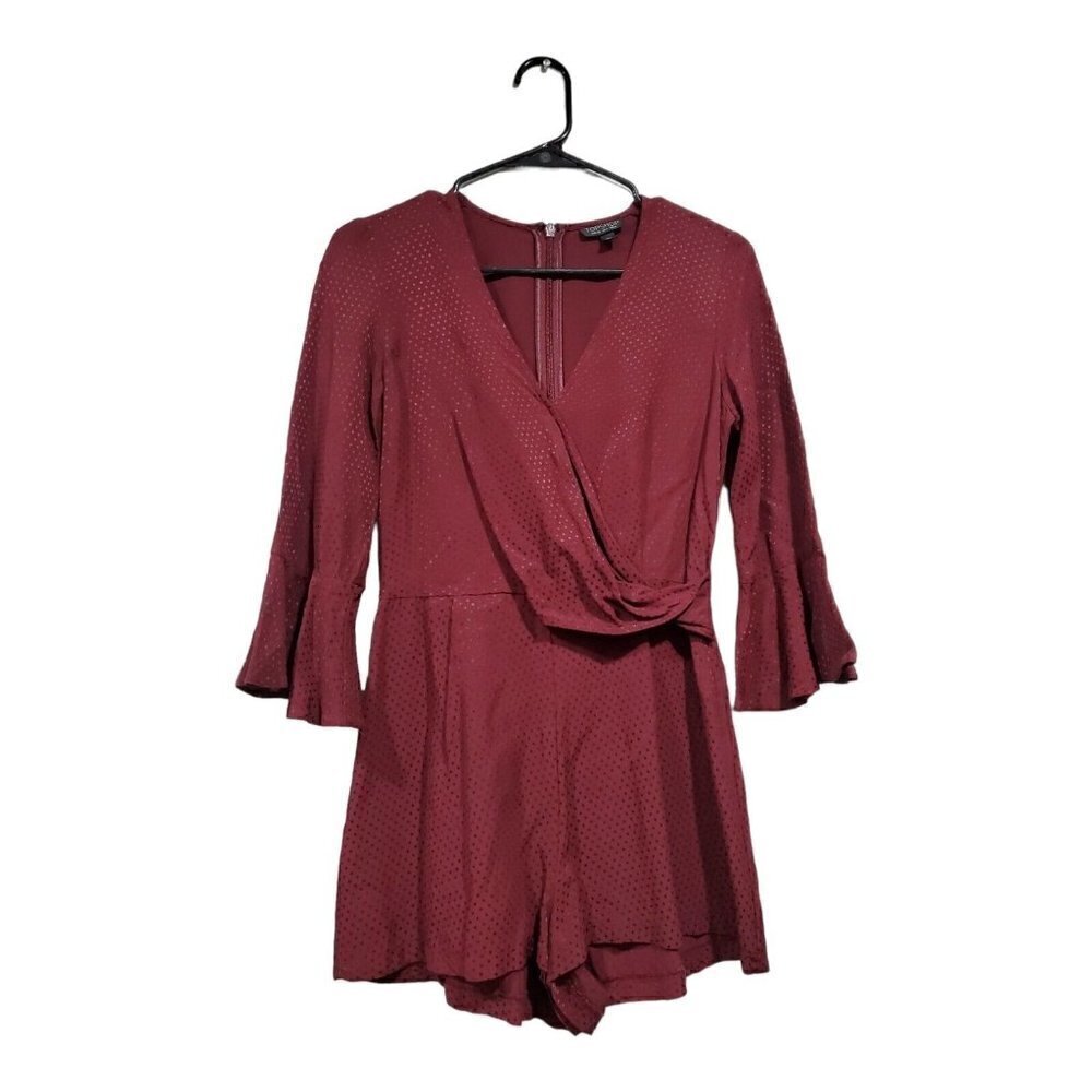 Top Shop Women's Wrap Front V-Neck Romper Maroon Spotted Bell-Sleeved Jumper 4